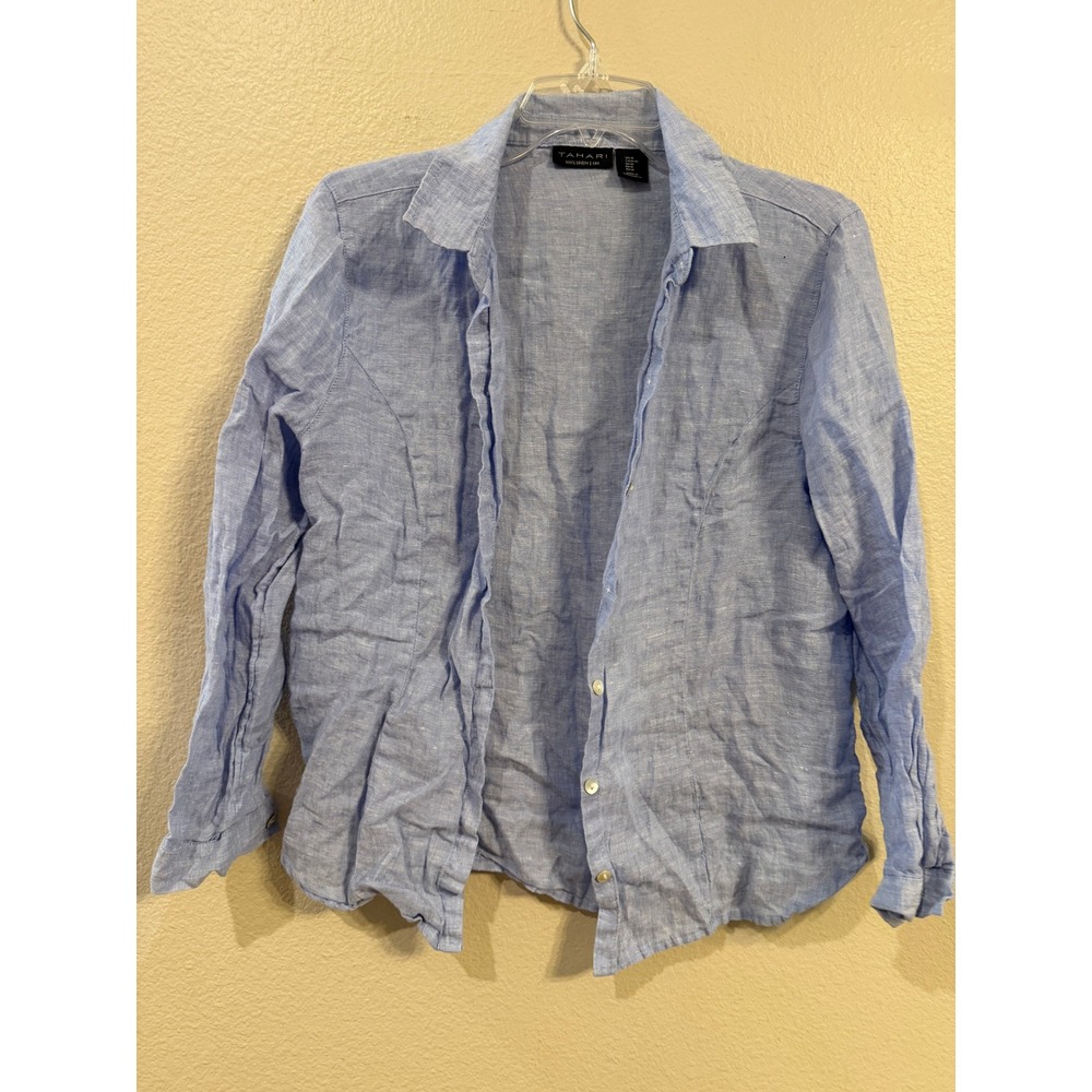 Tahari Women Light Blue 100% Linen Long Sleeve Button Down Shirt Size Medium